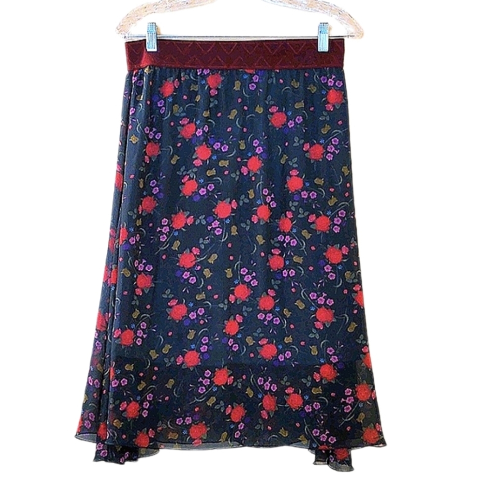 LulaRoe Lola green and red floral summer midi a-line skirt size medium
